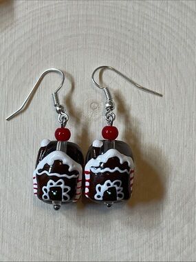 Handmade Gingerbread House Glass Lampwork Dangle Earrings